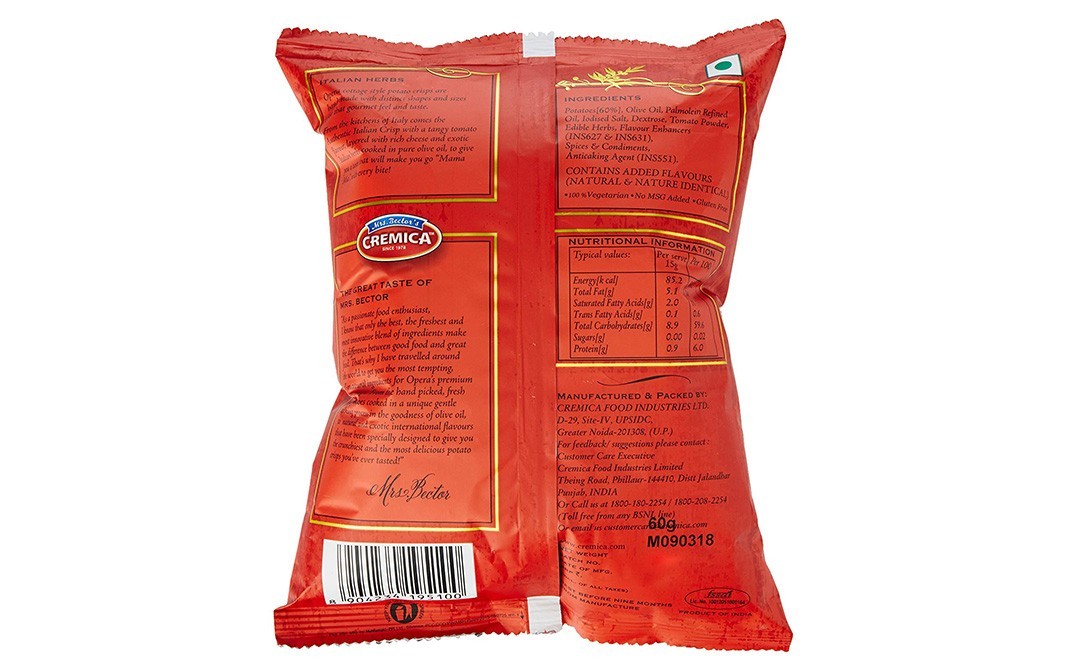 Opera Cottage Style Potato Crisps, Italian Herbs   Pack  55 grams